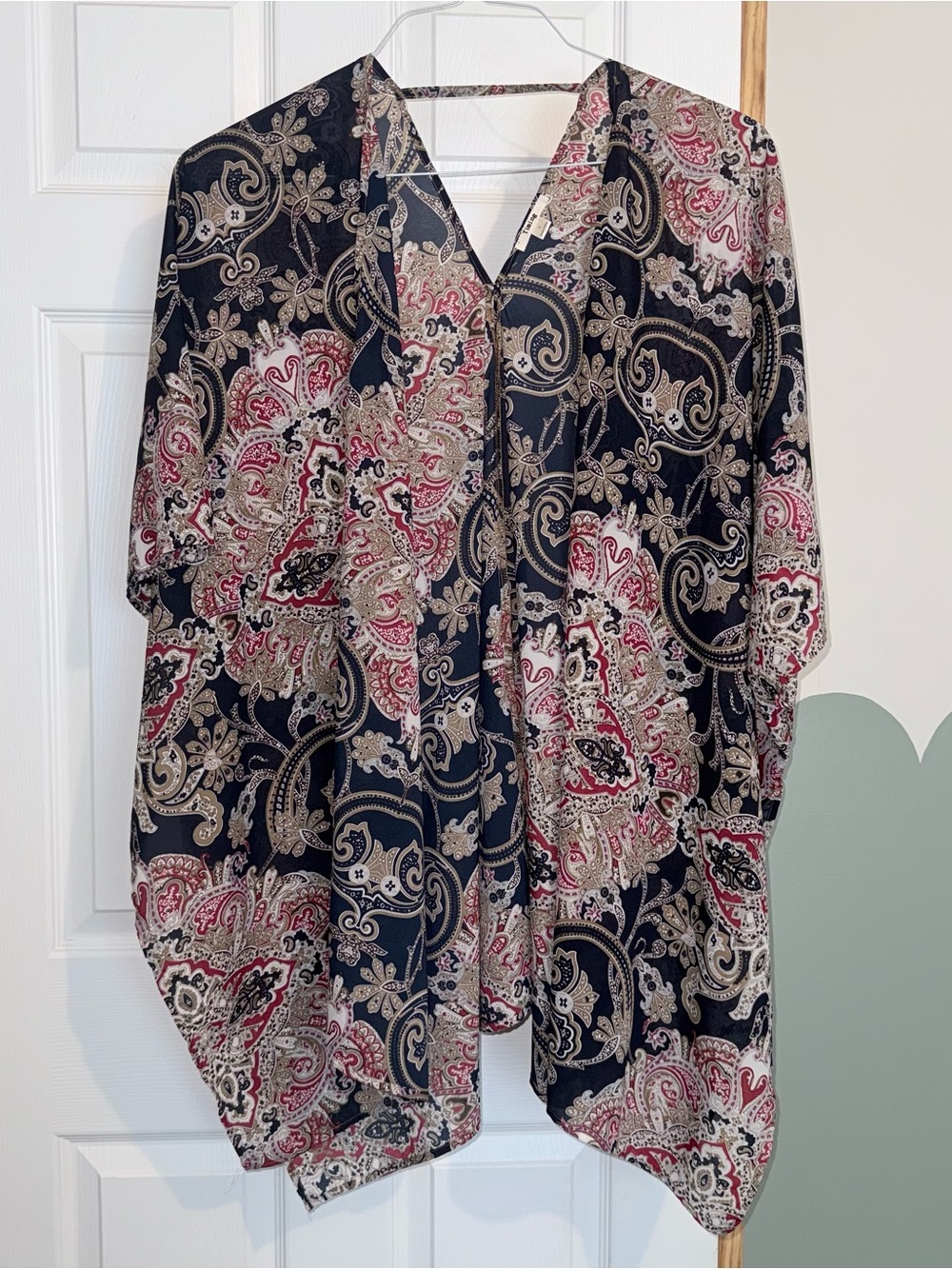 Navy Paisley Open-Front Kimono Cardigan with Pink Accents